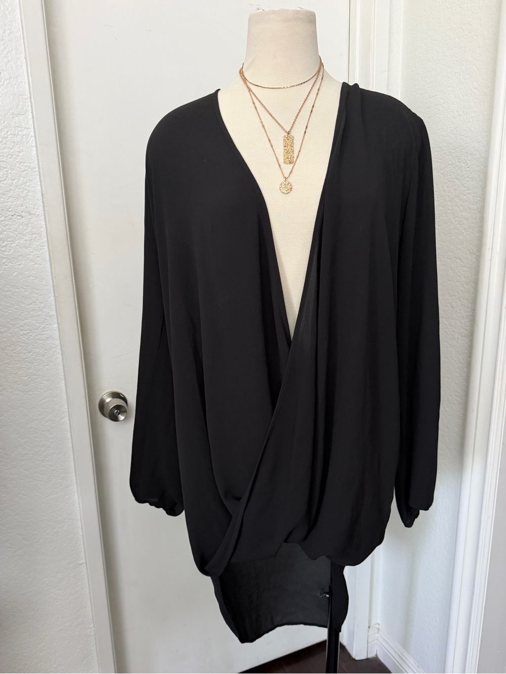 Black Sheer Draped V-Neck Women’s Top - dress